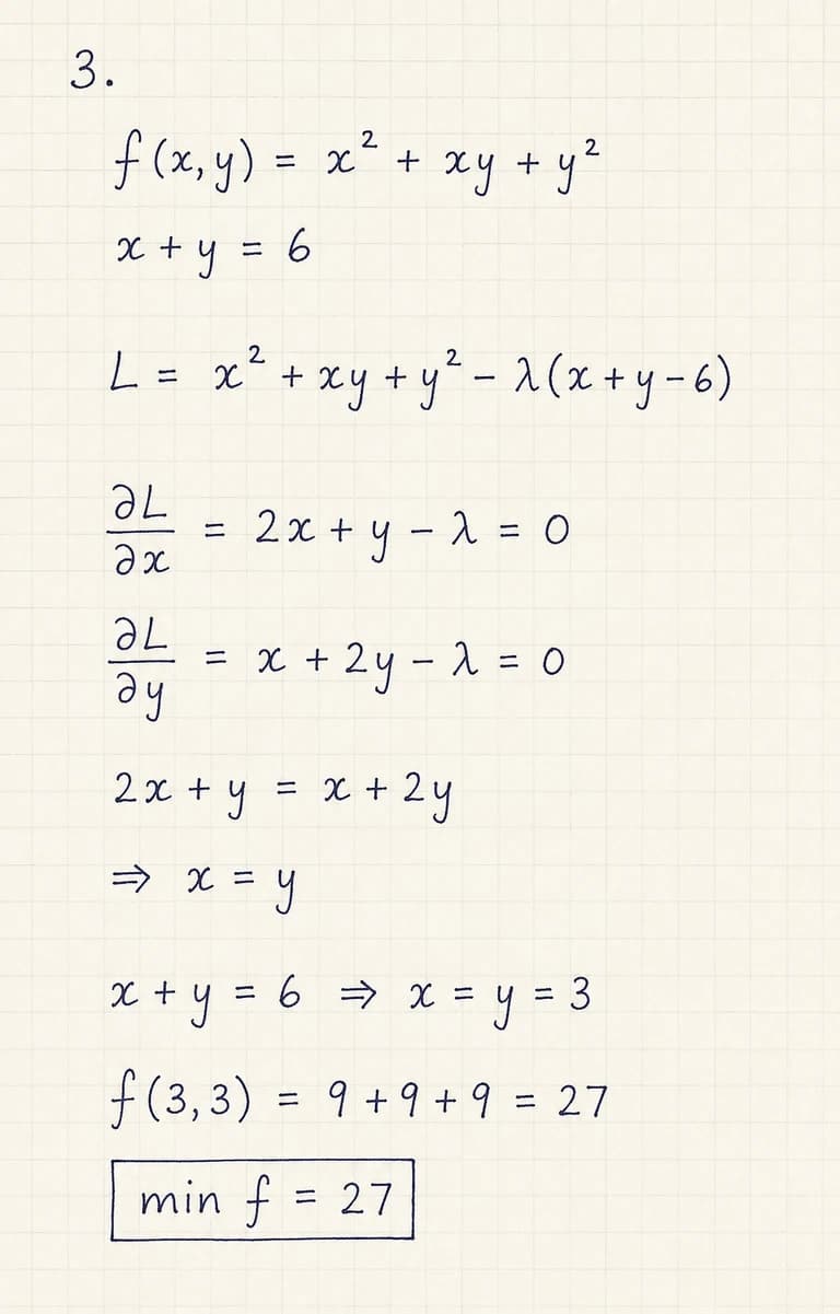 Fictional handwritten Lagrange-multiplier solution. The student finds x = y = 3 and the value 27, without justifying that the point is a minimum.